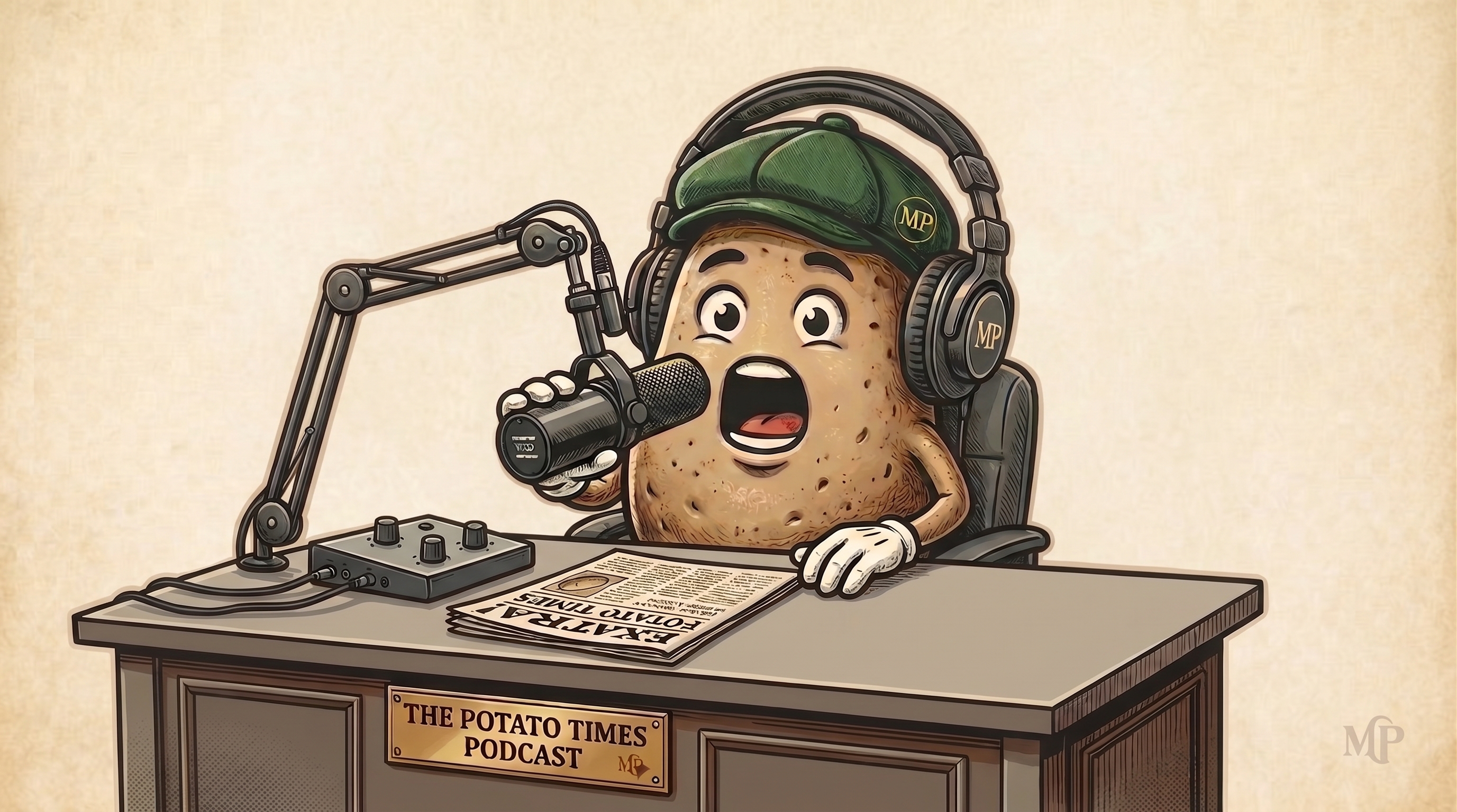 The Potato Times Podcast — a potato mascot at a podcast desk