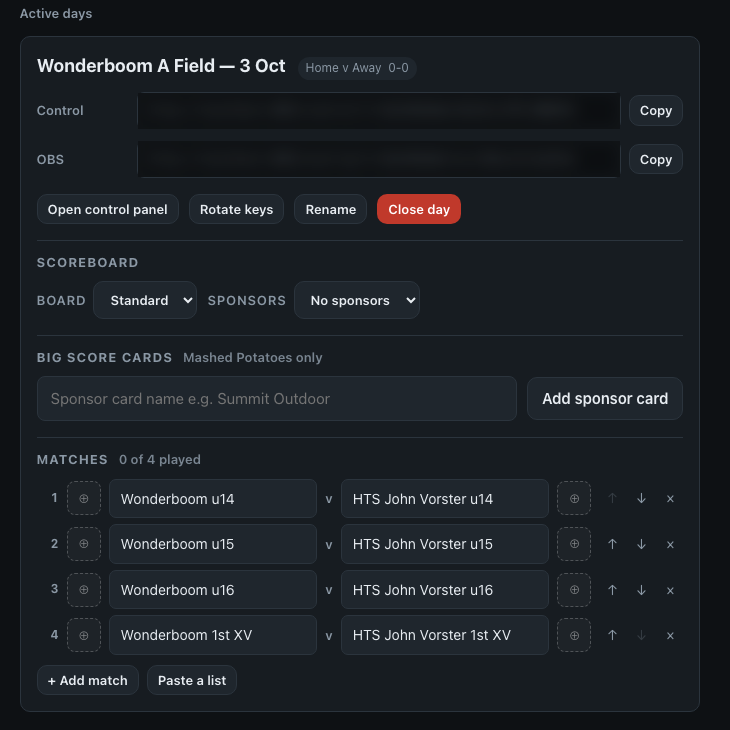 Control panel with one match day loaded: four Wonderboom v HTS John Vorster matches, sponsor and big score card settings